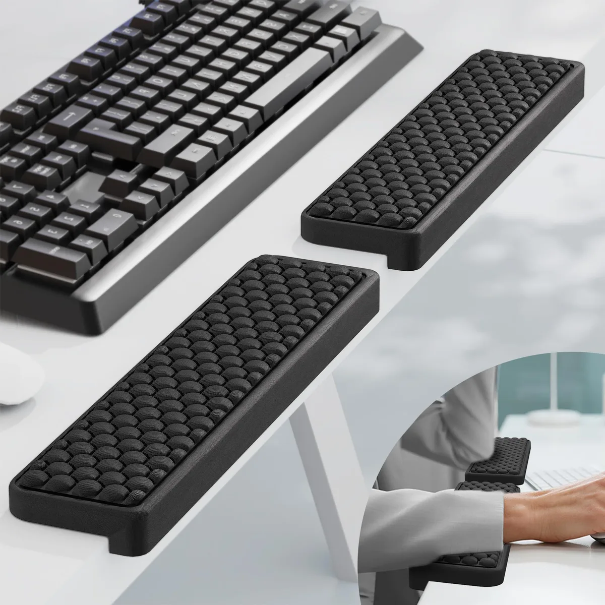  MEKASS 1283 Desk Elbow Pad 15.2 × 3.5 in Memory Foam 2 Pcs Hexagon Black — product photo