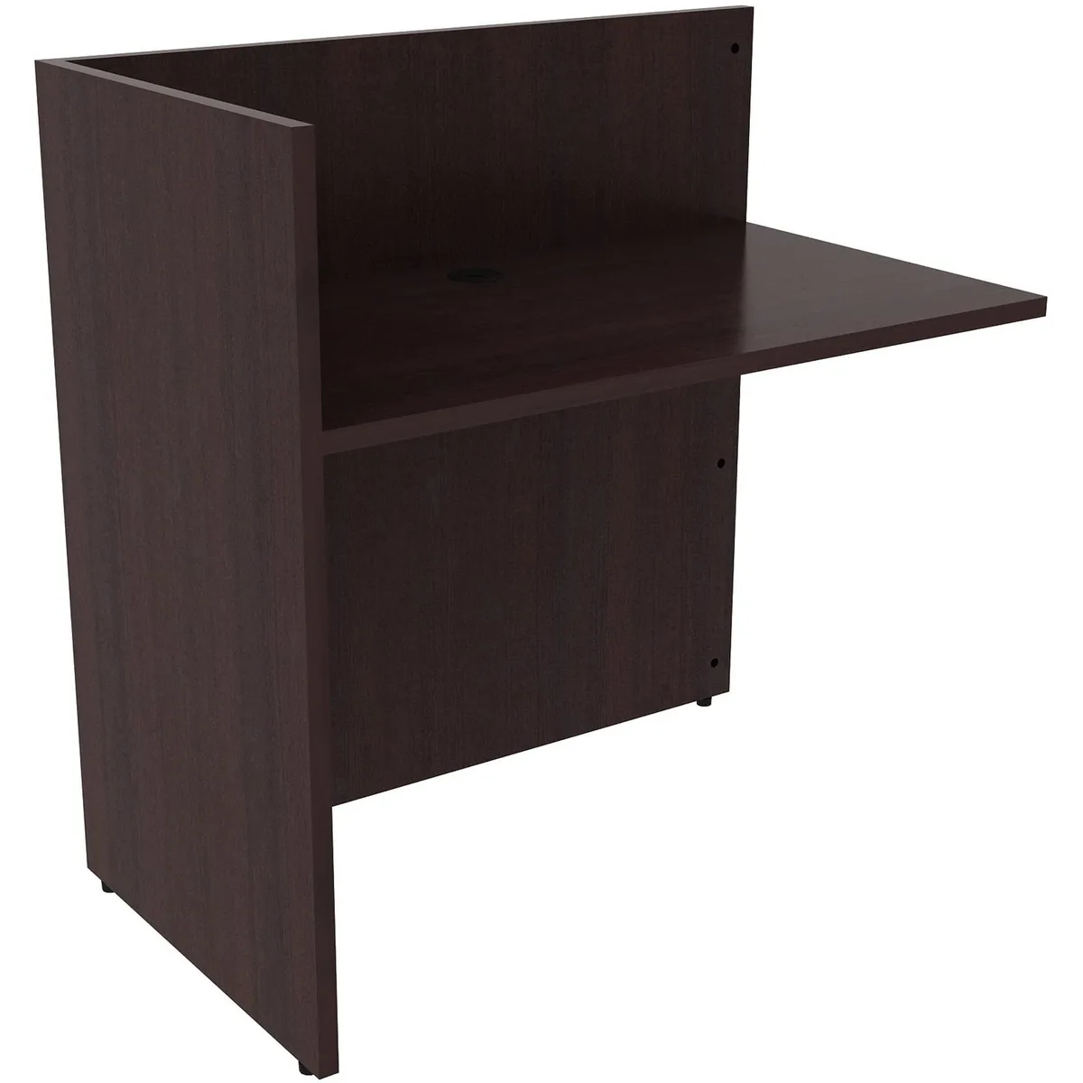 Rectangular 42" reception return desk in espresso laminate finish with metal straight legs