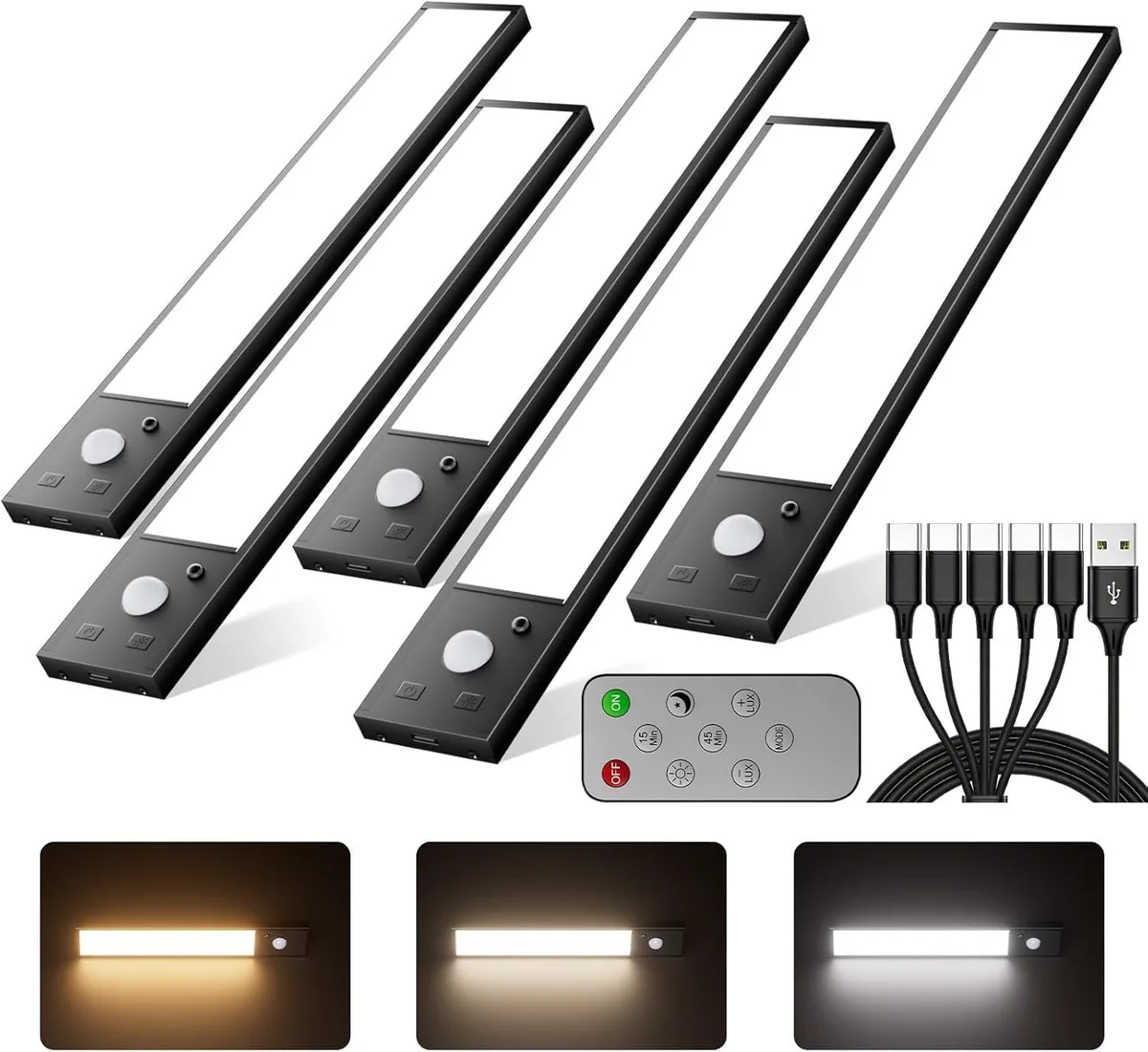Five black aluminum light bars with magnetic strips and a USB-C cable