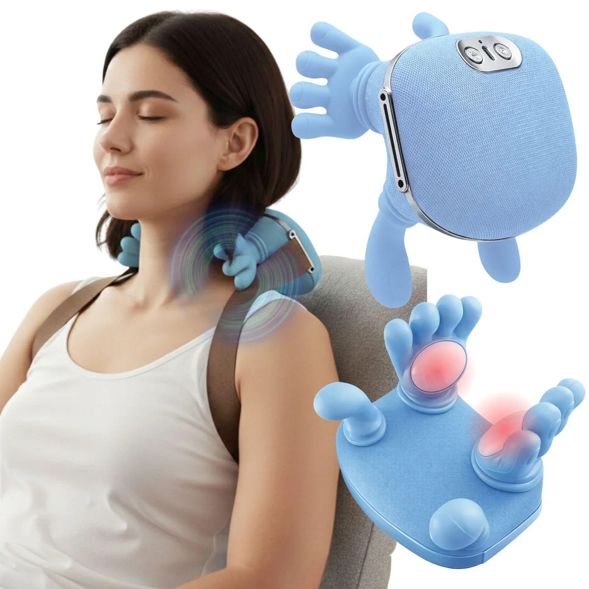 Blue U-shaped neck massager with fabric finish and integrated control panel