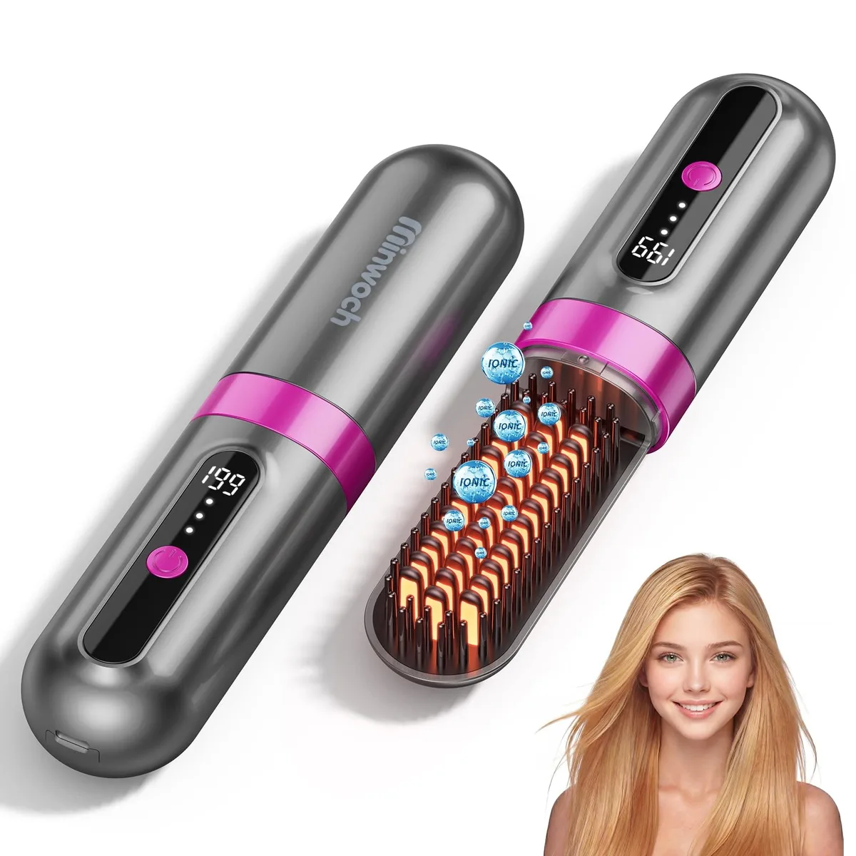  Minwoch Minwoch-01 cordless straightening brush 4000mAh 300M ions 3 temps 320 356 390°F 50s heat — product photo