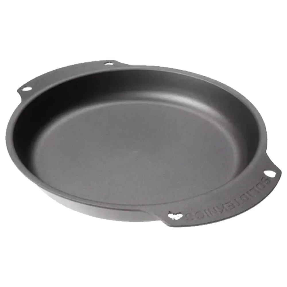 Solid wrought iron pan with two short handles, dark seasoned finish