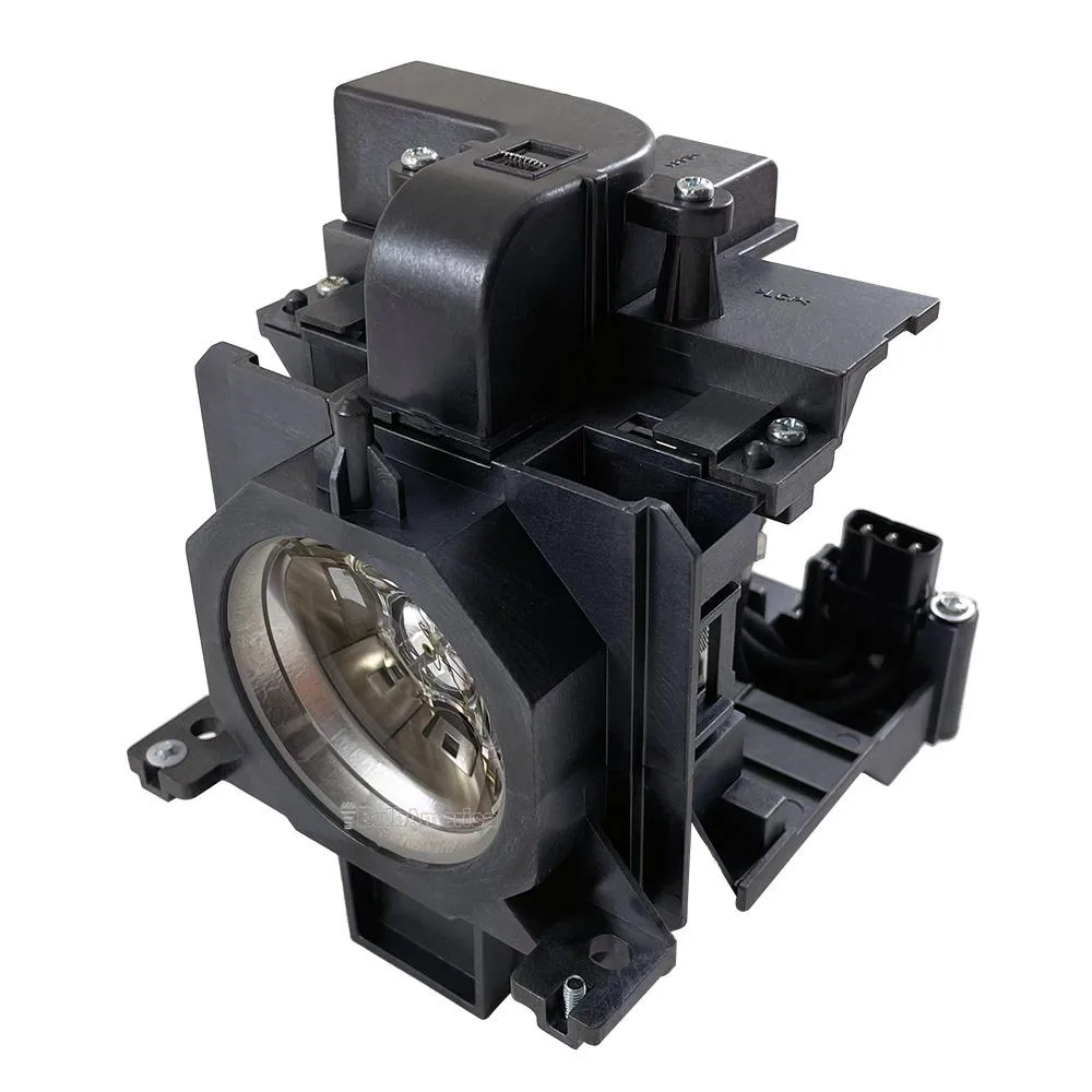 Rectangular projector lamp module in black plastic housing with clear glass bulb visible