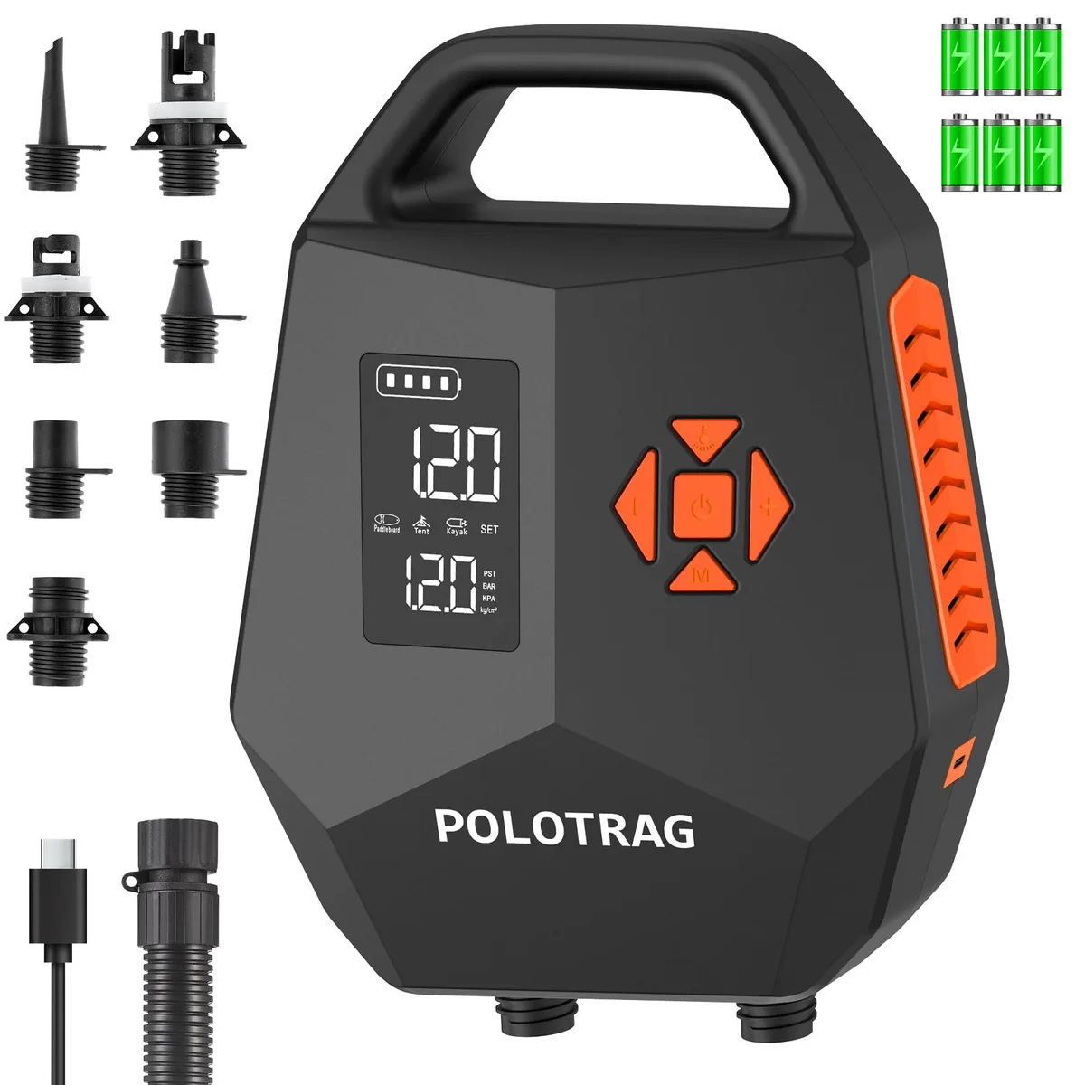 Compact rectangular rechargeable pump with digital LED display and carry handle