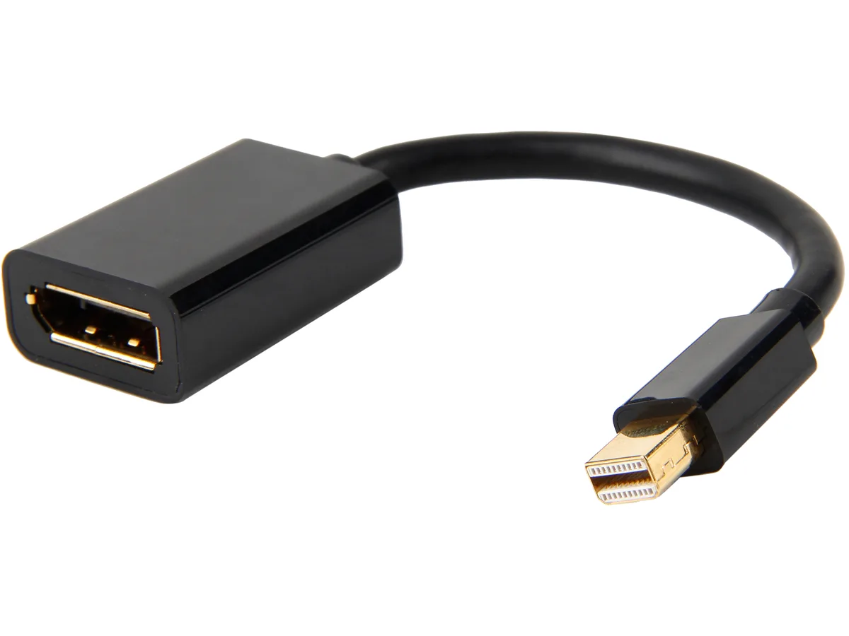 Short black Mini DisplayPort male to DisplayPort female adapter cable, 5.91 in