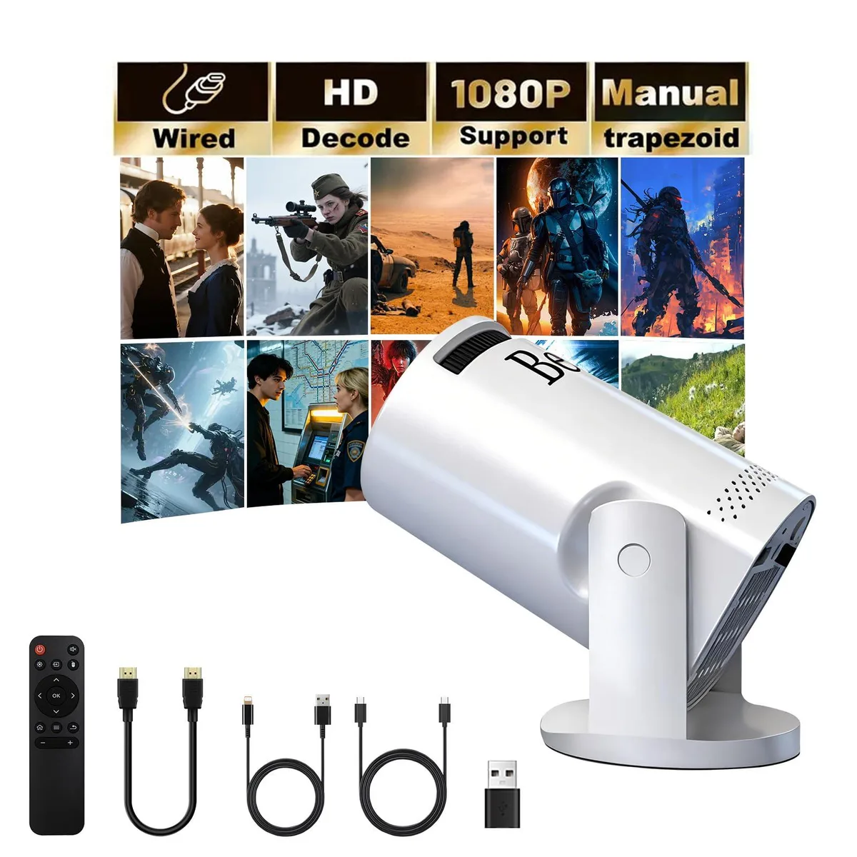 Compact white mini projector on a 180° swivel bracket, rectangular with rounded edges and a front lens