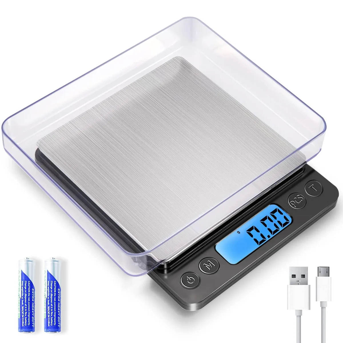 Black digital pocket scale with stainless steel tray and USB port