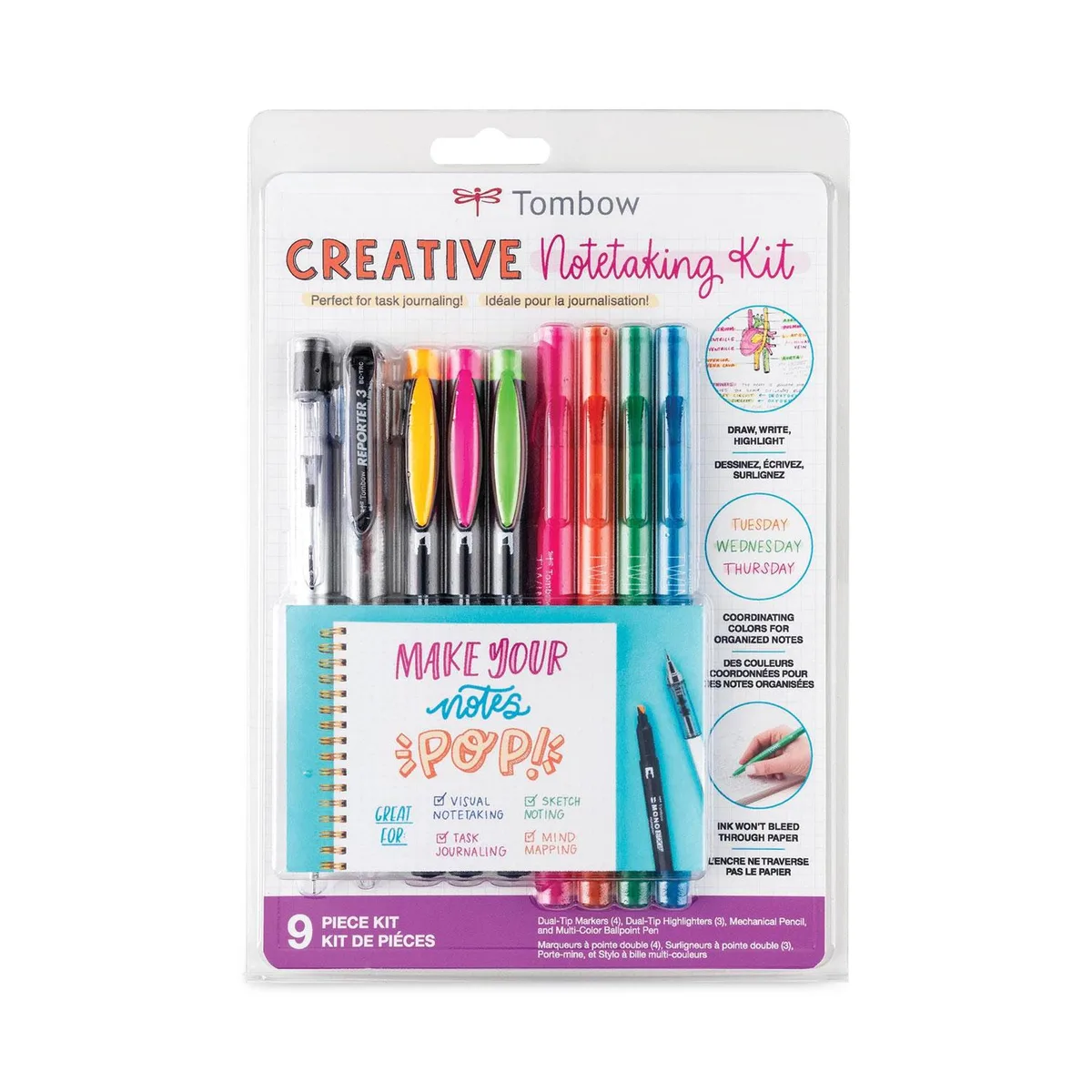 Packaging showing multicolor pens, pencils, markers and highlighters
