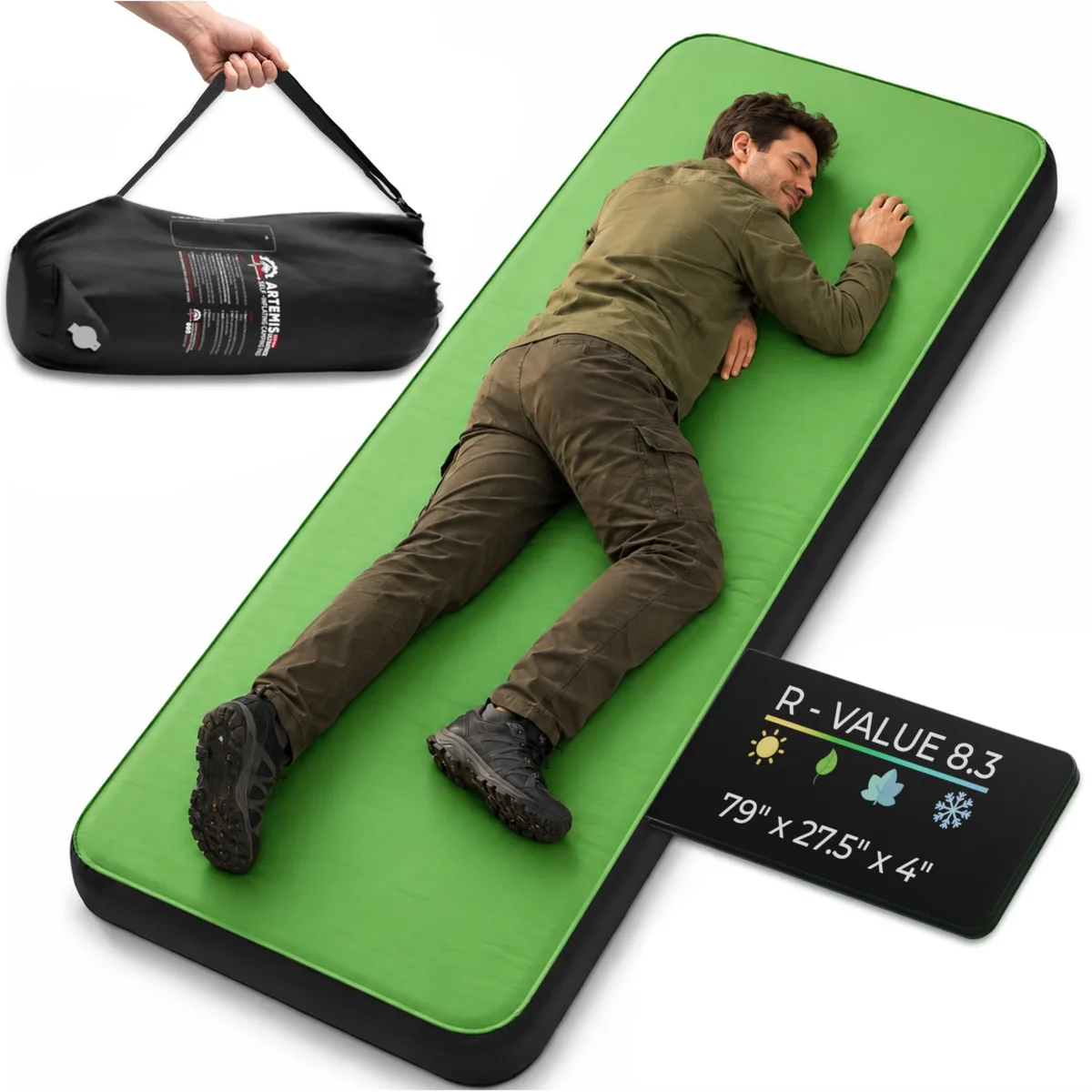 Green rectangular self-inflating sleeping pad with valve and carry bag