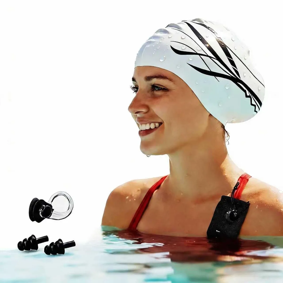 White silicone swim cap with 3D ear pockets, extra-large size