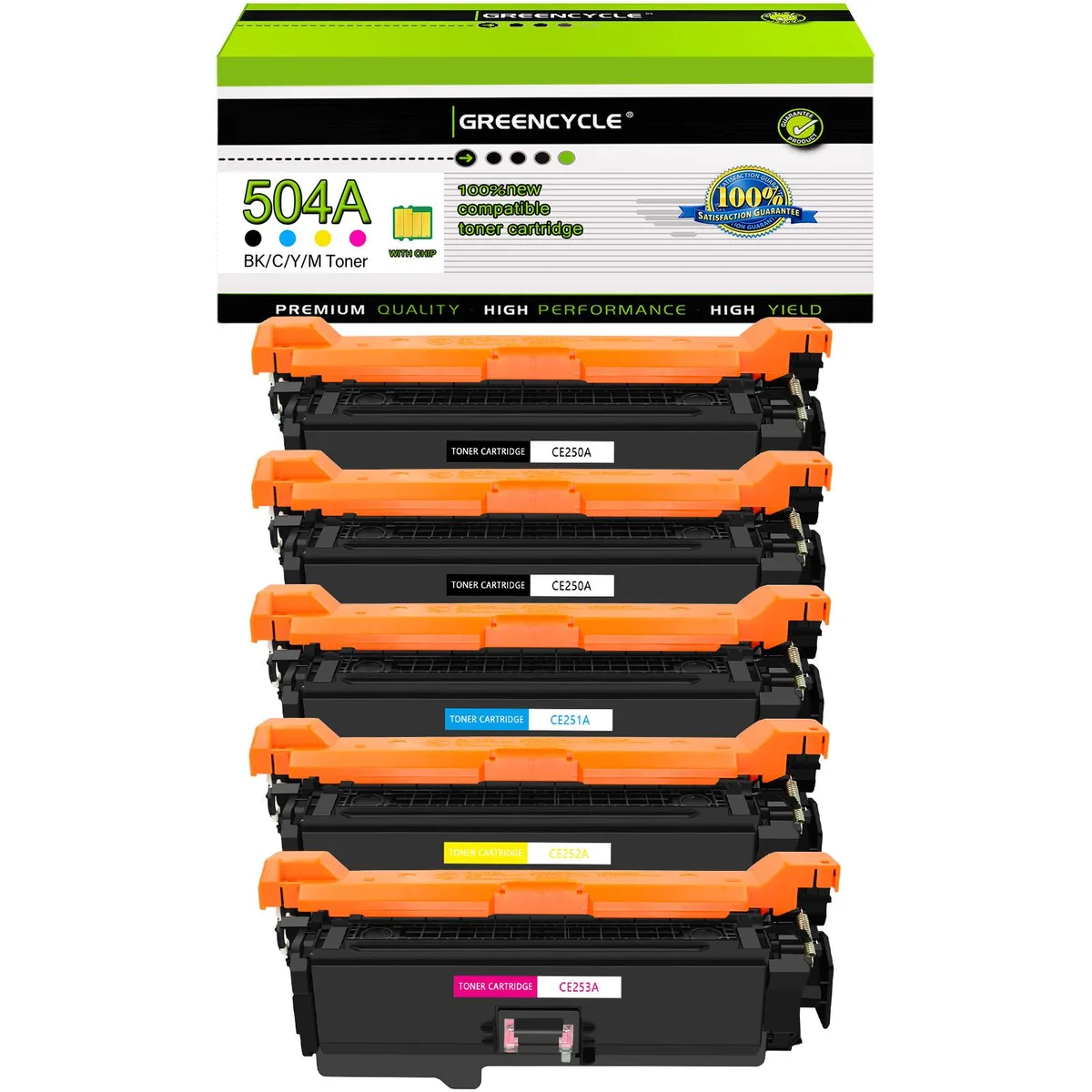 GREENCYCLE GREENCYCLE 504A 5-pack toner cartridges (2× CE250A black, CE251A cyan, CE252A yellow, CE253A magenta) — product photo
