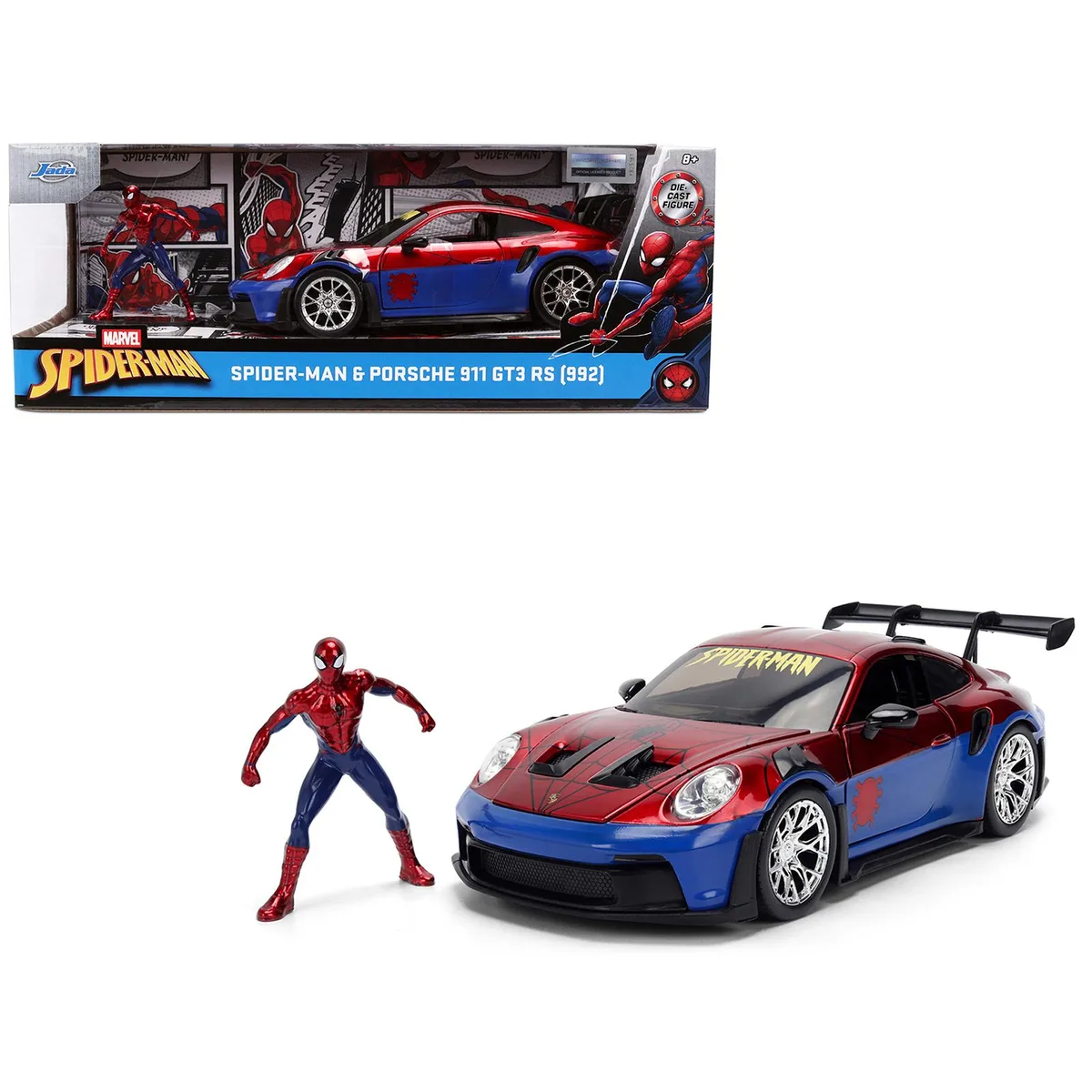 Jada Jada Porsche 911 GT3 RS (992) Red Blue Spider-Man 1/24 Diecast hobby collectible — product photo