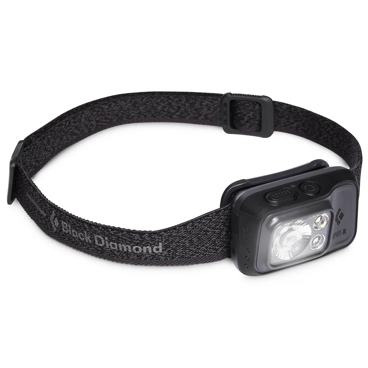 Compact graphite headlamp with front light unit and adjustable strap