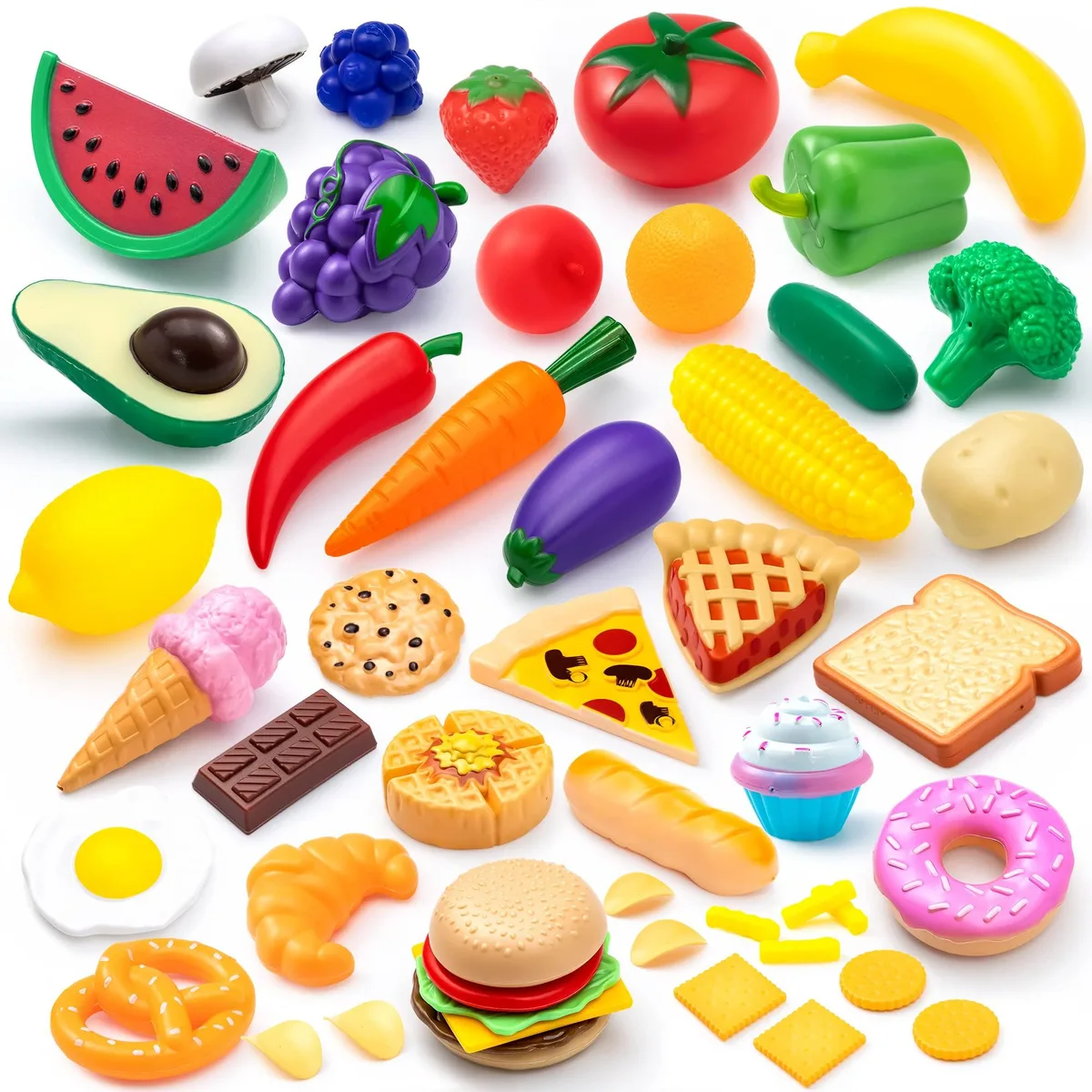 50 Piece Kitchen Toy Set with Dummy Fruits, Vegetables, Plastic Accessories — product photo