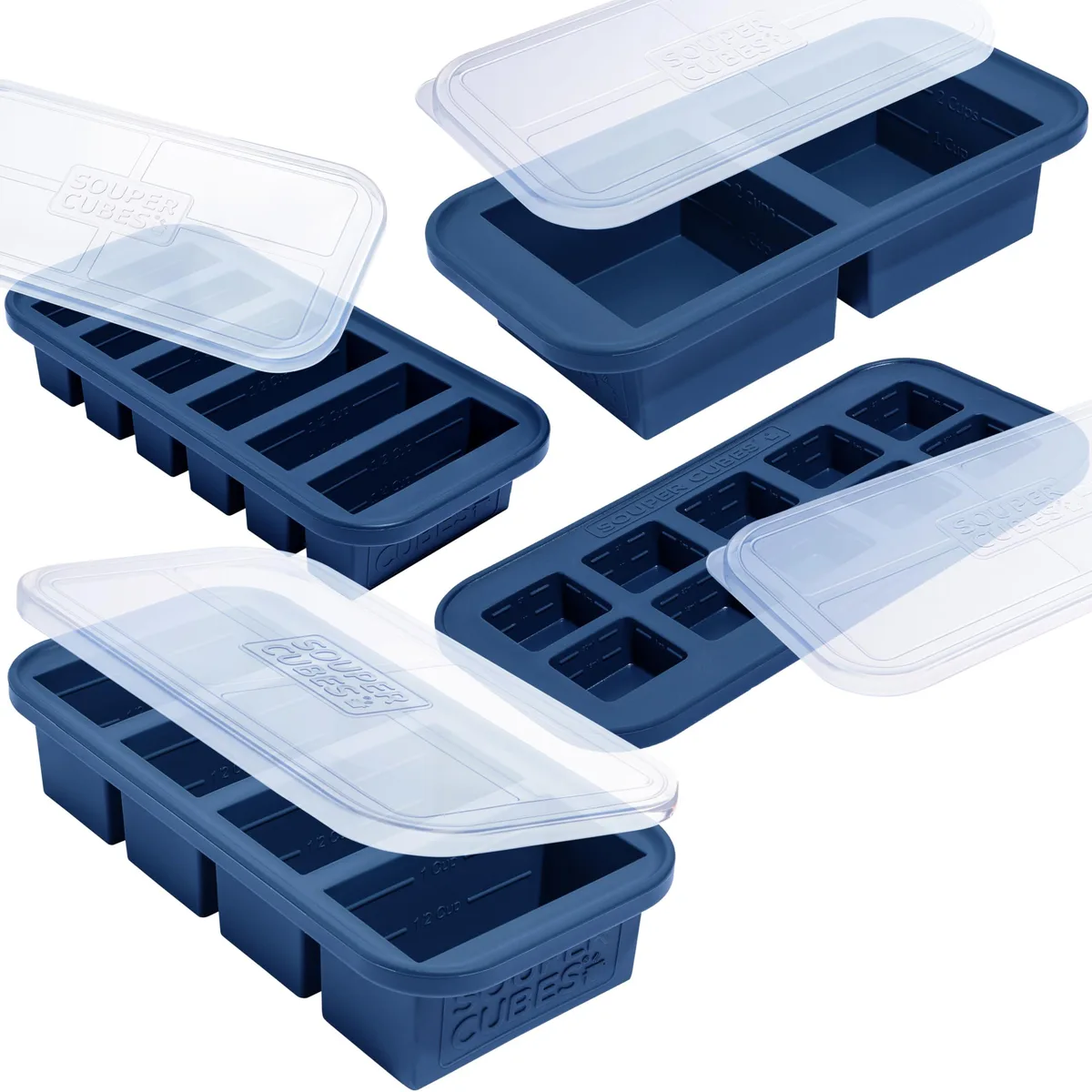 Four silicone freezer trays with lids in blueberry, rectangular stackable forms