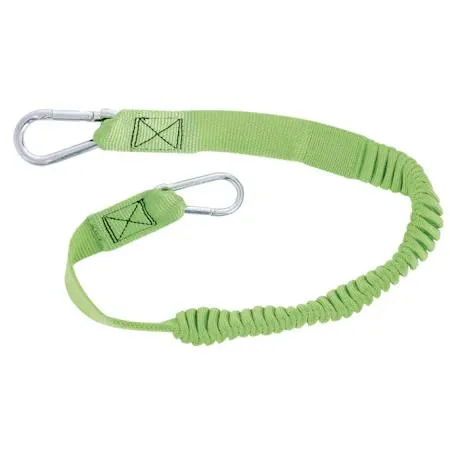 Green polyester webbing lanyard with two small carabiners, 32 inches unstretched