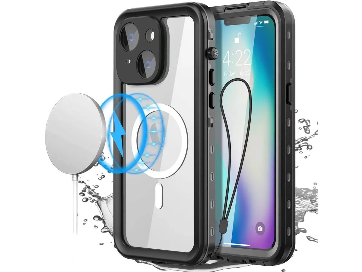 Clear waterproof case for iPhone 14 with built-in screen protector and MagSafe magnets