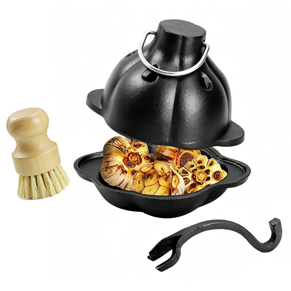 Black pre-seasoned cast iron garlic roaster with lid ring handle and small cleaning brush