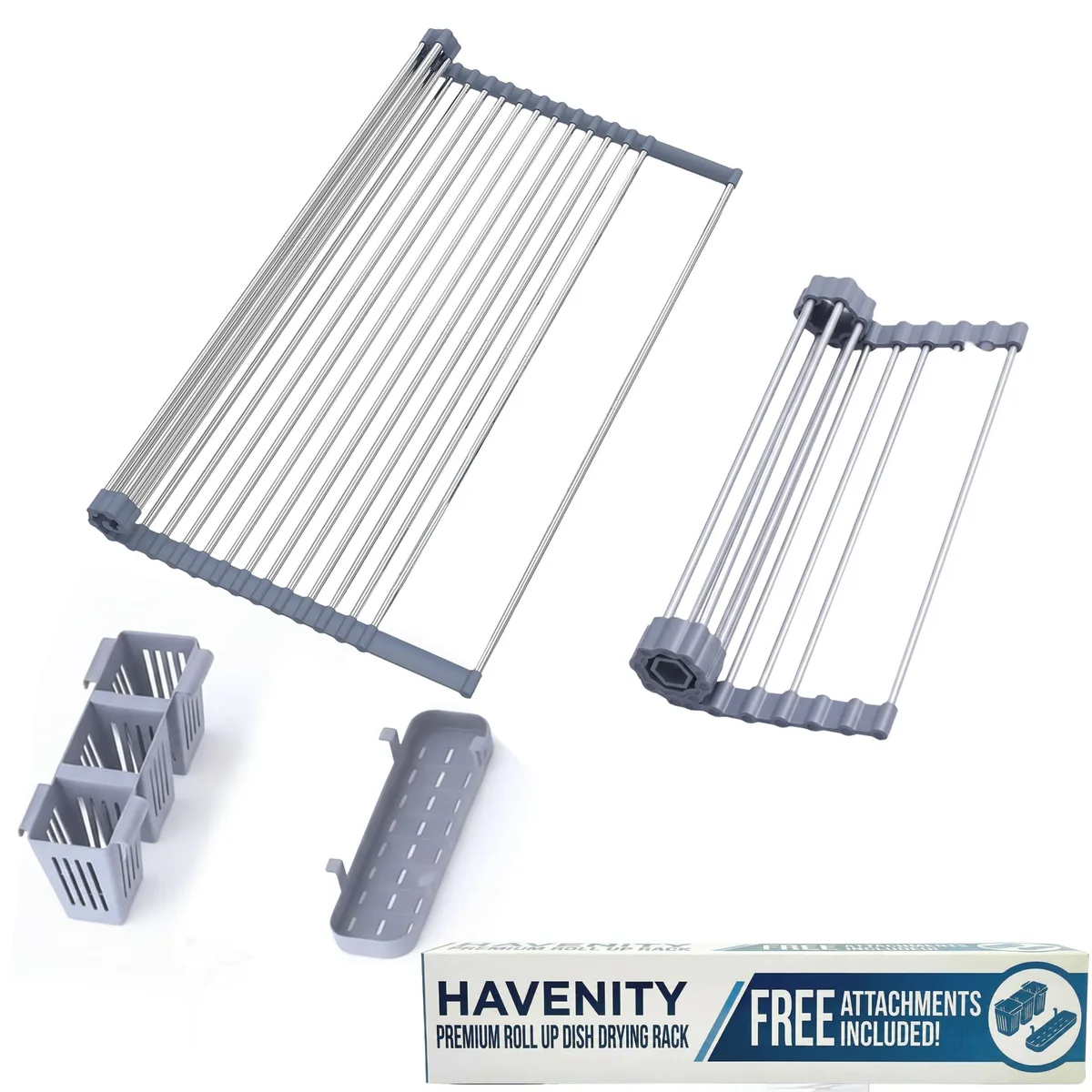 Expandable stainless steel roll-up rack with two clip-on baskets, 12.8 to 22.8 inches wide