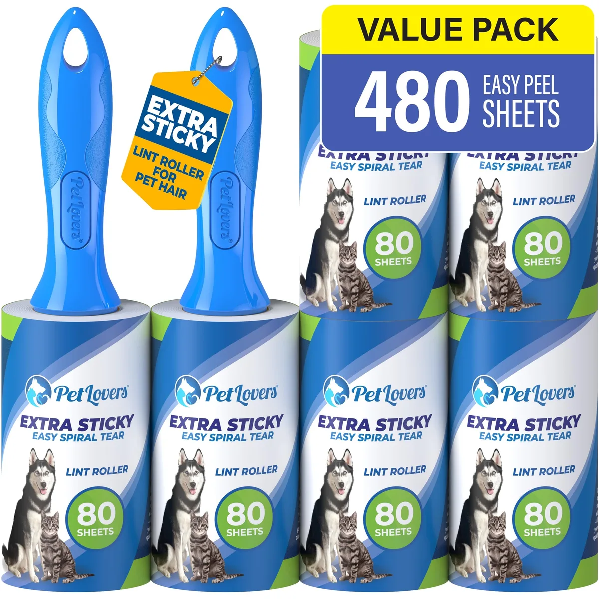  PetLovers 4N-ZNTS-K8WJ interior care lint roller 6 pack 480 sheets 360° rotation — product photo