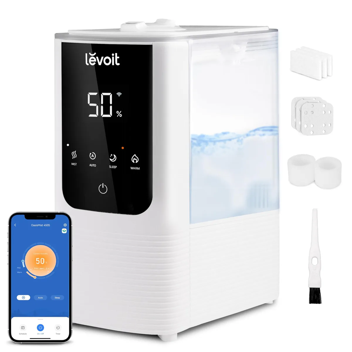 White rectangular humidifier with top-fill tank and dual rotating nozzles