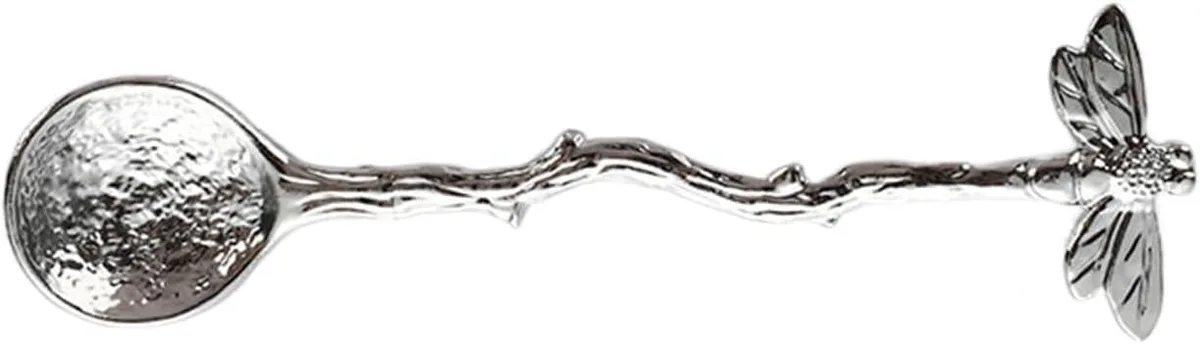 Silver stainless steel teaspoon with dragonfly handle, 15.6 cm long