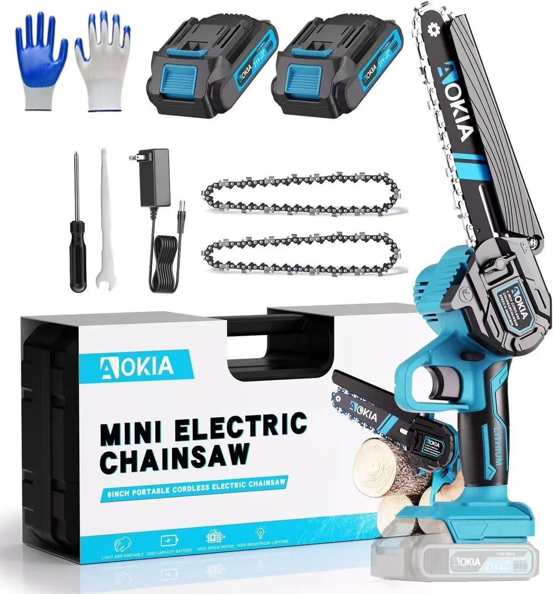 Aokia 20V 6 inch Mini Chainsaw 2×1.5AH Blue — product photo