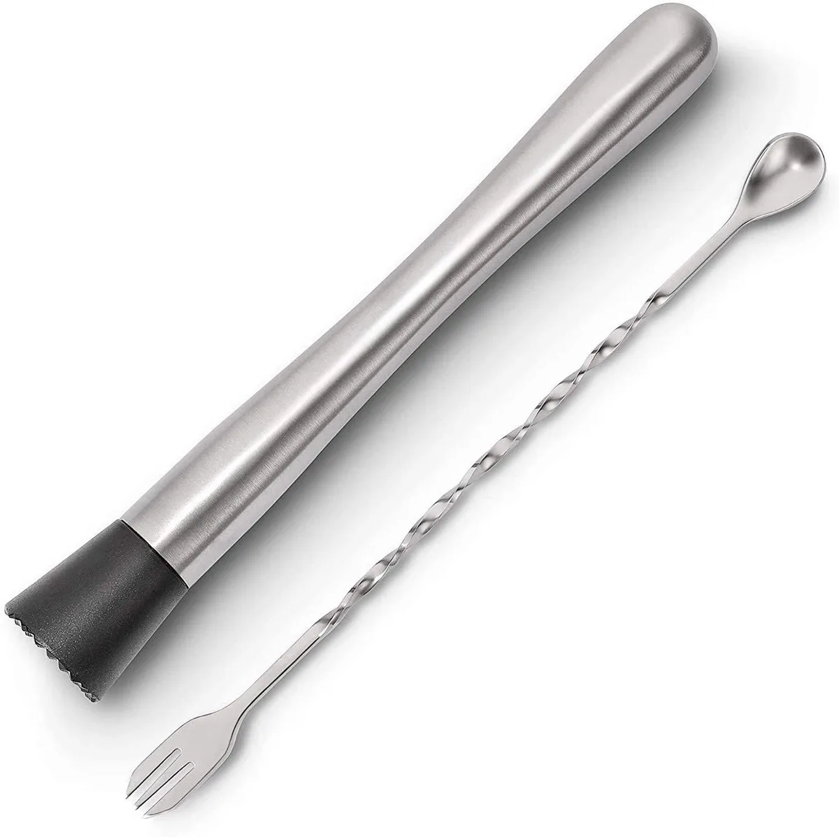 Stainless steel muddler and mixing spoon set with black nylon head