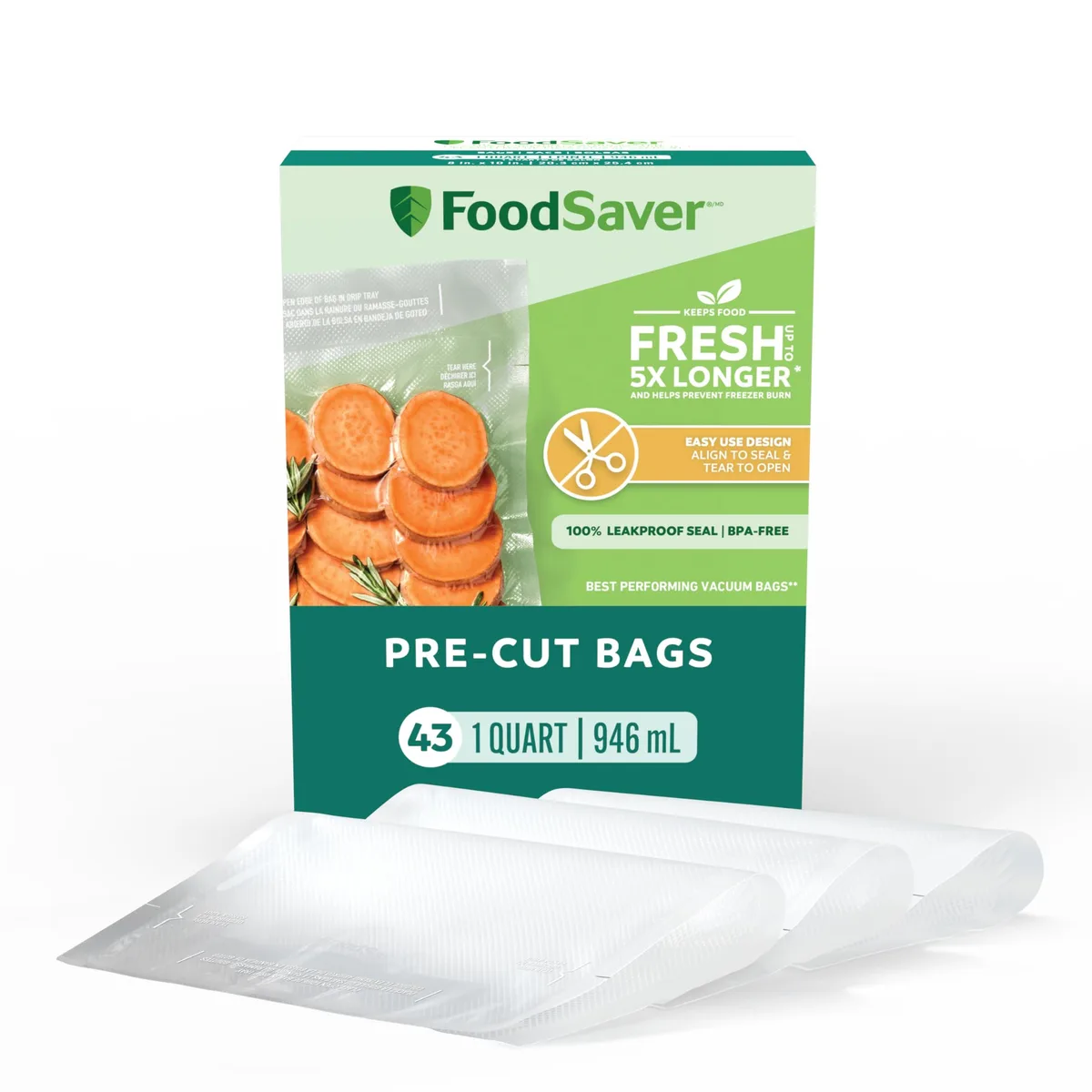 Clear plastic quart vacuum seal bags with alignment guides and tear notches, 43 pre-cut count