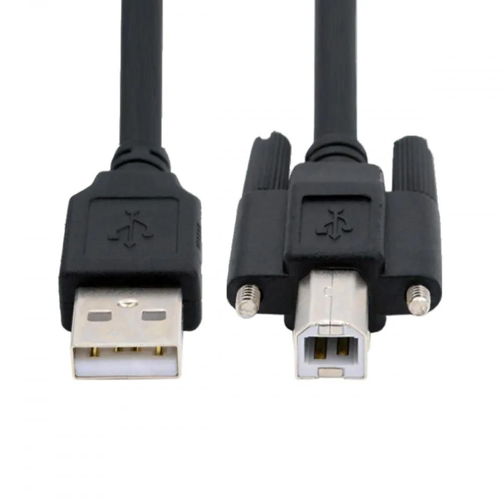 Black USB 2.0 Type-A to panel-mount Type-B cable with M3 thumbscrews 20.0mm apart 150cm long