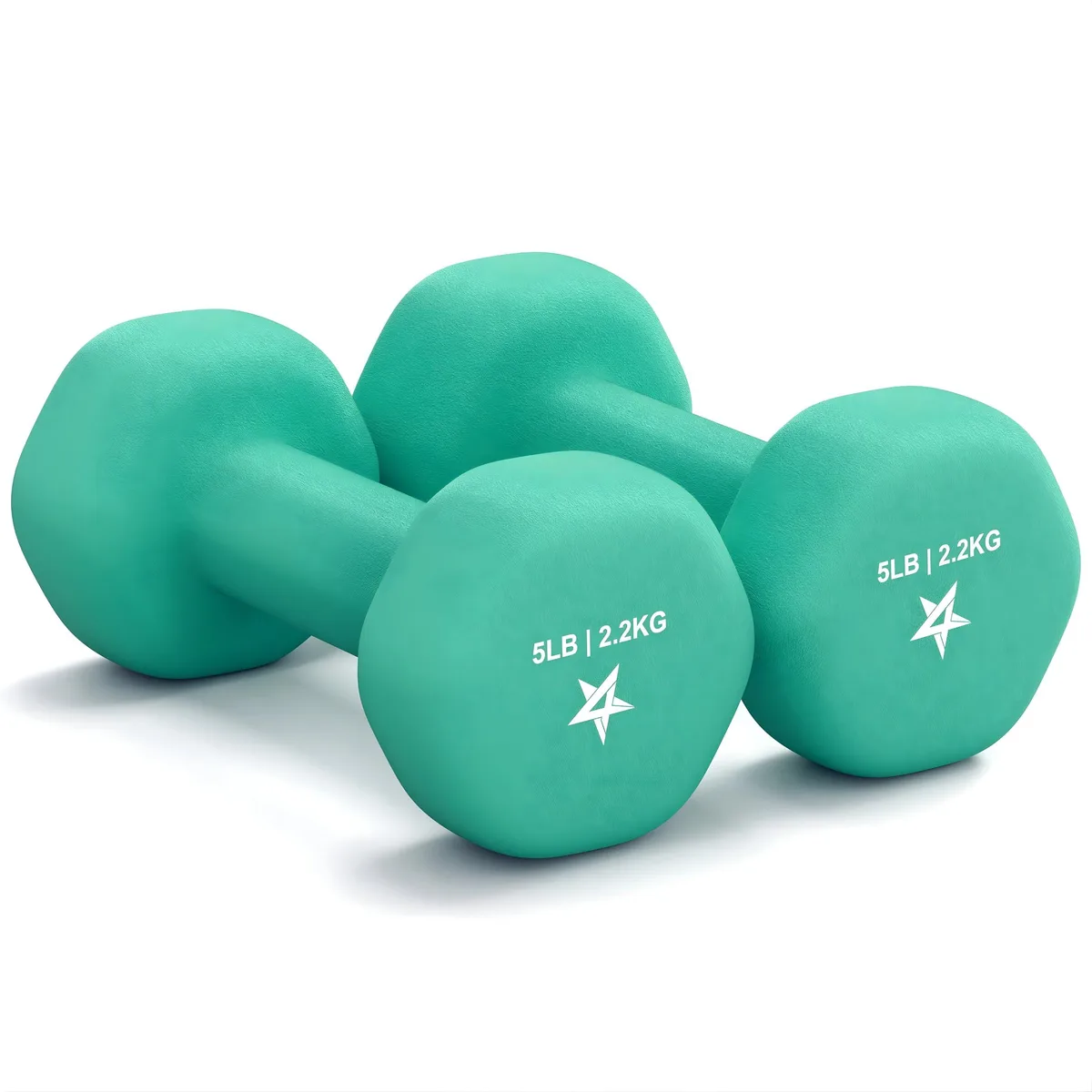 Pair of dark green neoprene-coated hexagonal dumbbells, five pounds each