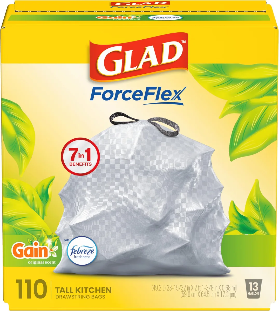 White plastic trash bags in a rectangular box, 110 count, 13 gallon capacity