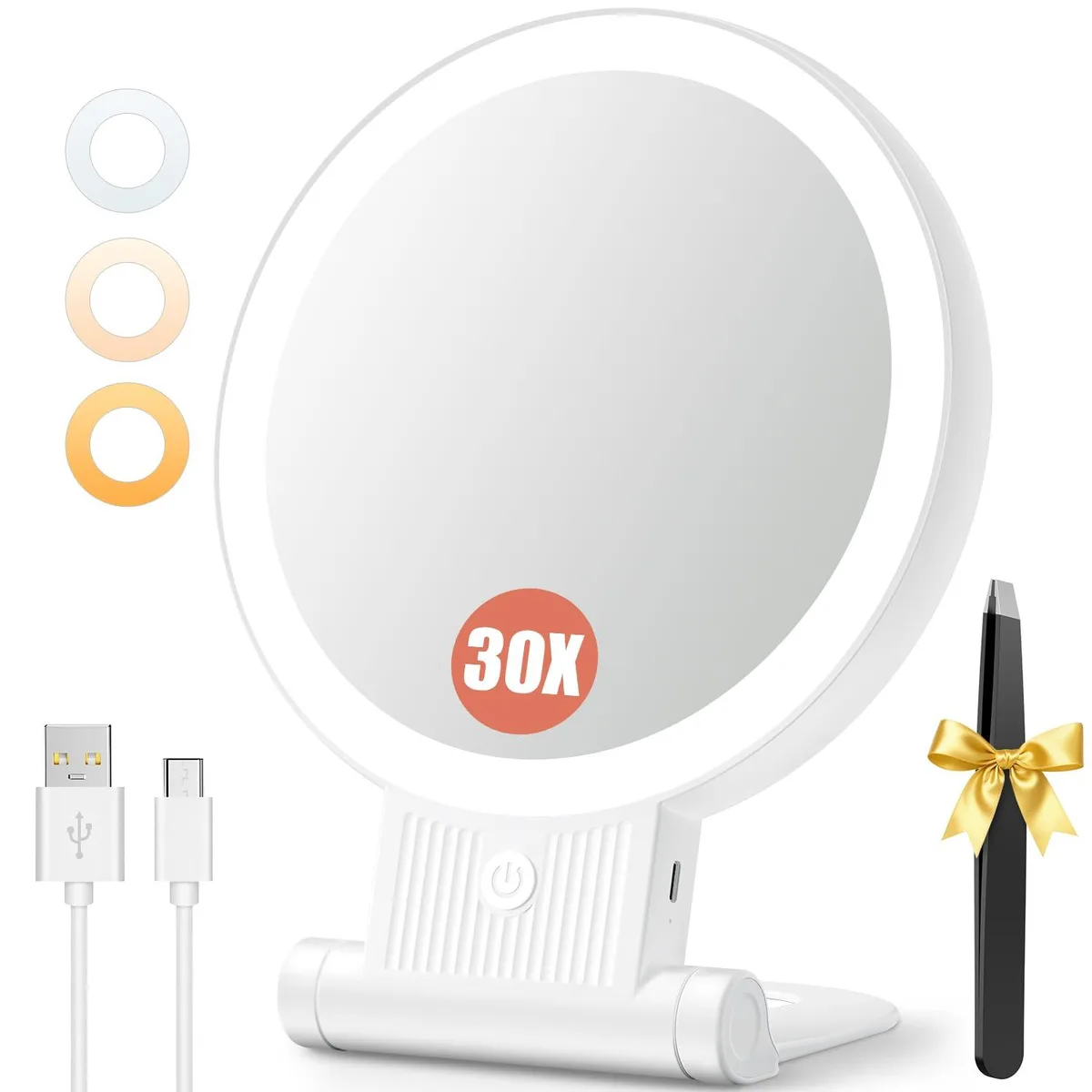 White round double-sided tabletop mirror with LED lighting and glossy finish