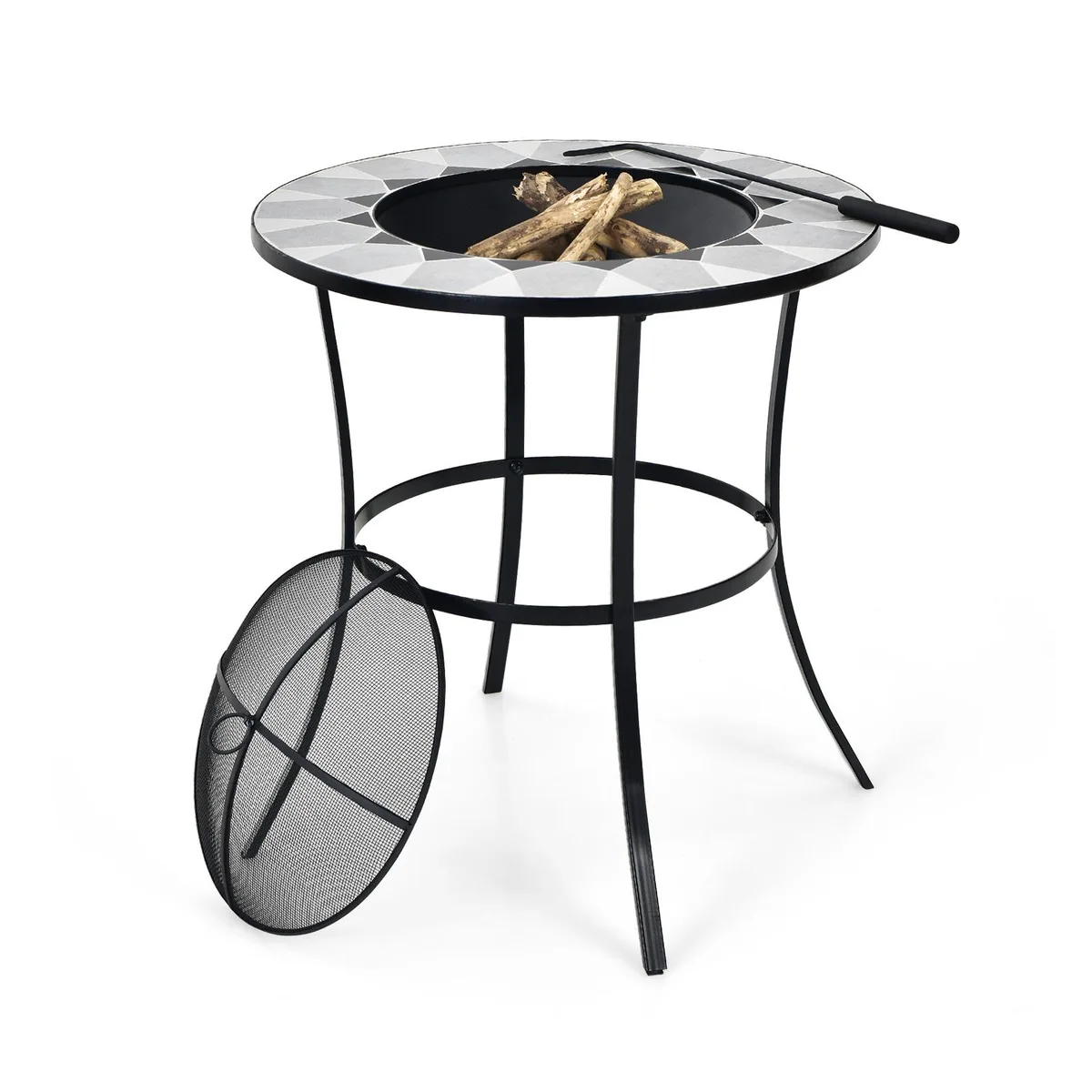 Black round steel fire pit table with mesh cover and poker, 23.5 inch tabletop