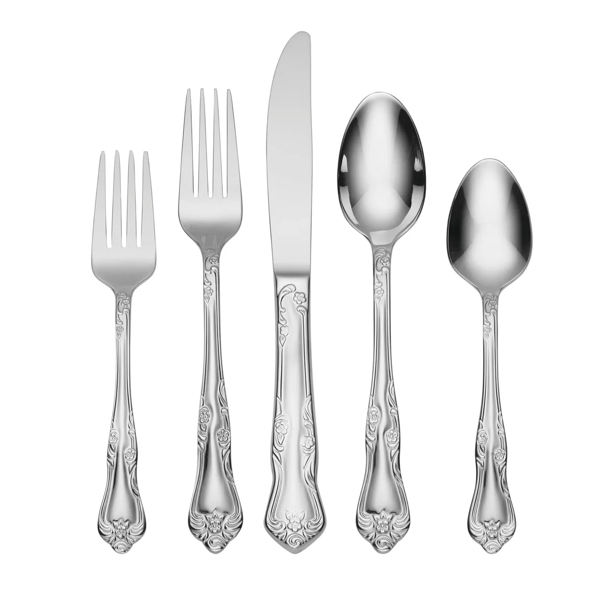 Oneida Azalea 45-piece flatware set in polished silver stainless steel, floral design, service for eight with serving pieces