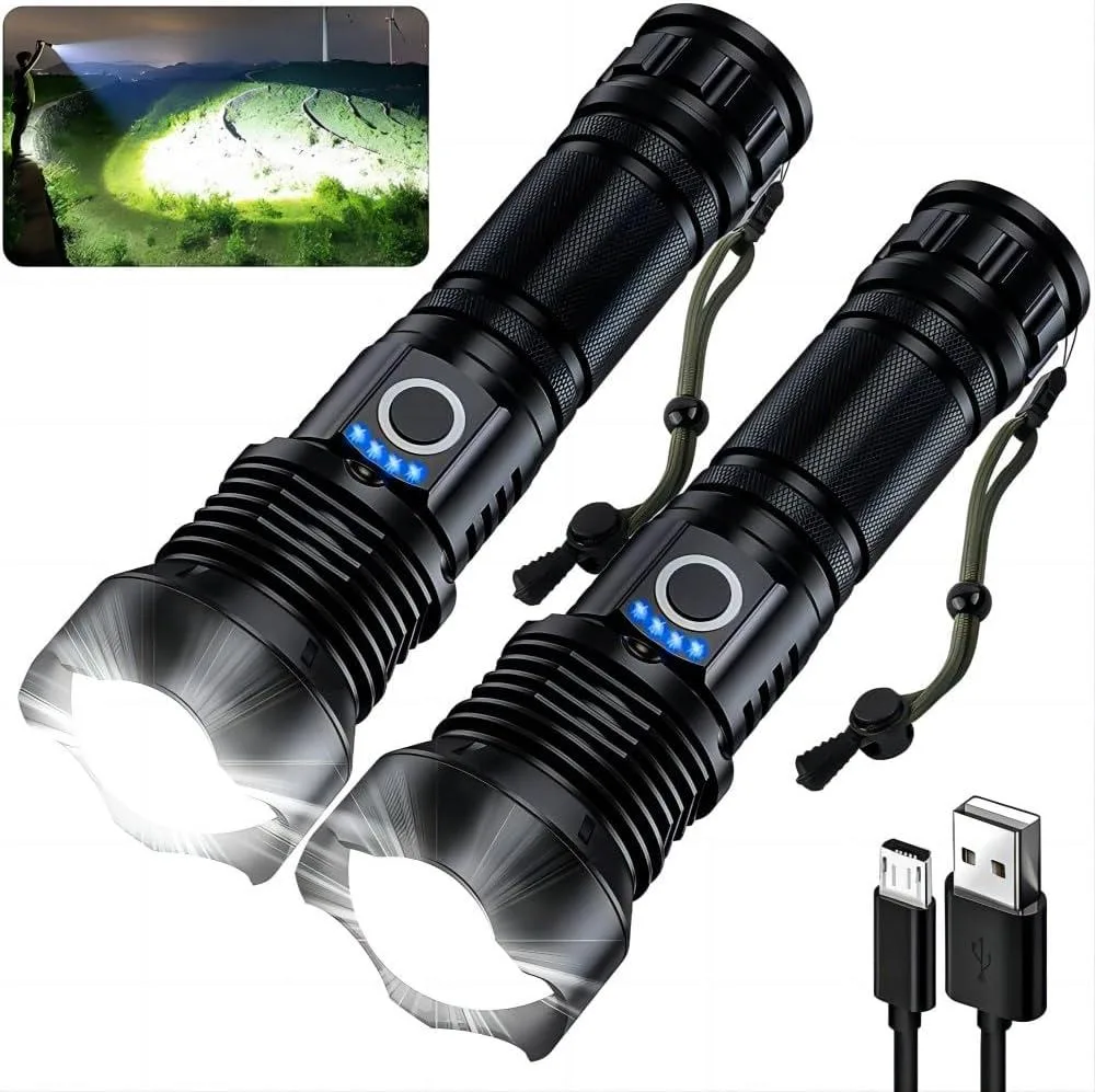 Two cylindrical flashlights with textured grip and power indicator lights