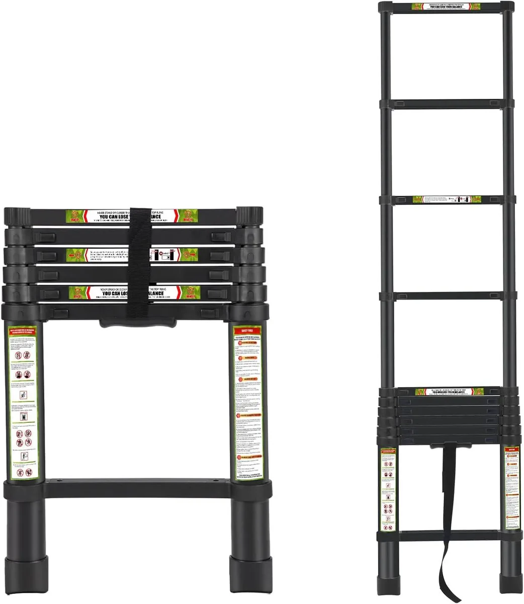 Silver aluminium telescopic ladder, compact folded form with carry handle