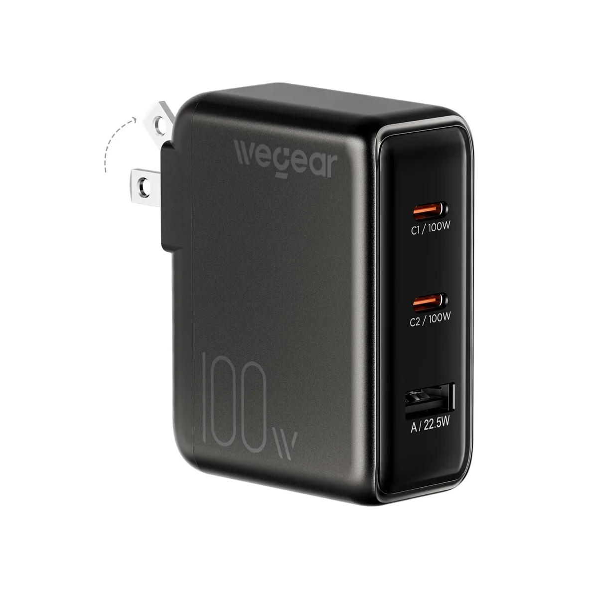 Black rectangular GaN charger with foldable prongs, two USB-C and one USB-A port, slim profile