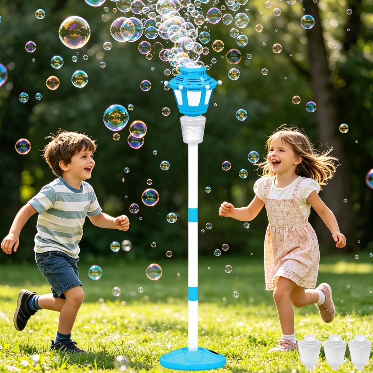 Blue bubble machine on adjustable wooden pole 15 to 40 inches with lights