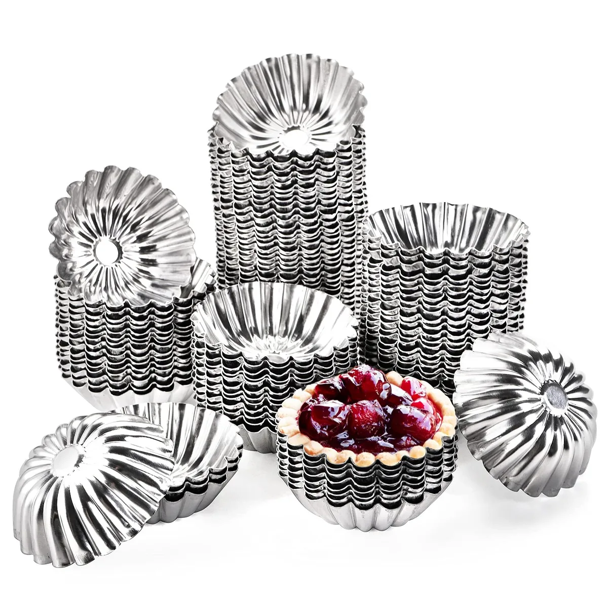 One hundred small fluted aluminum tart molds with chrysanthemum-petal edges, three inches wide