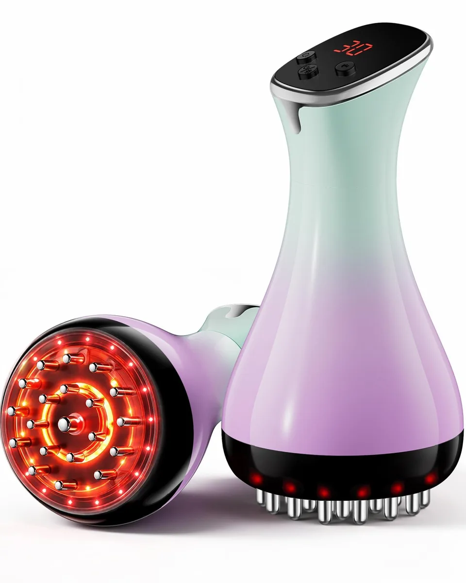 Blue handheld massager with rounded head and green-purple ombre body
