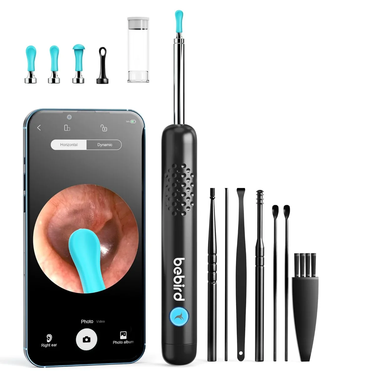 Slim black ear camera with integrated silicone tips and charging cable