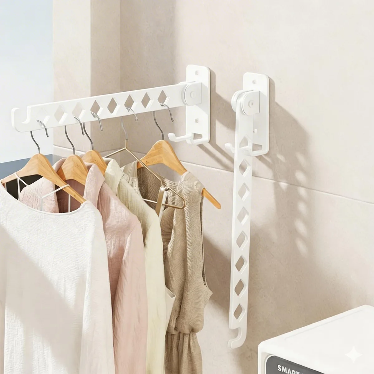 White stainless steel wall rack with eight hanger holes, three fixed hooks and a folding arm that locks at four angles
