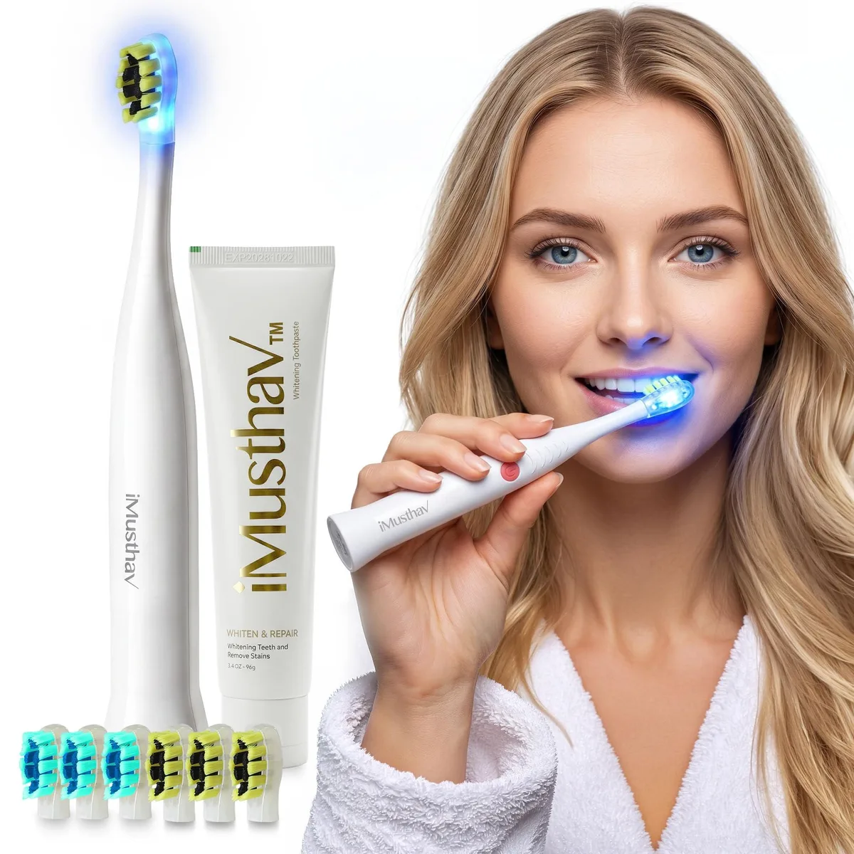 White battery-powered sonic toothbrush, slim cylindrical handle, 25.3 cm long