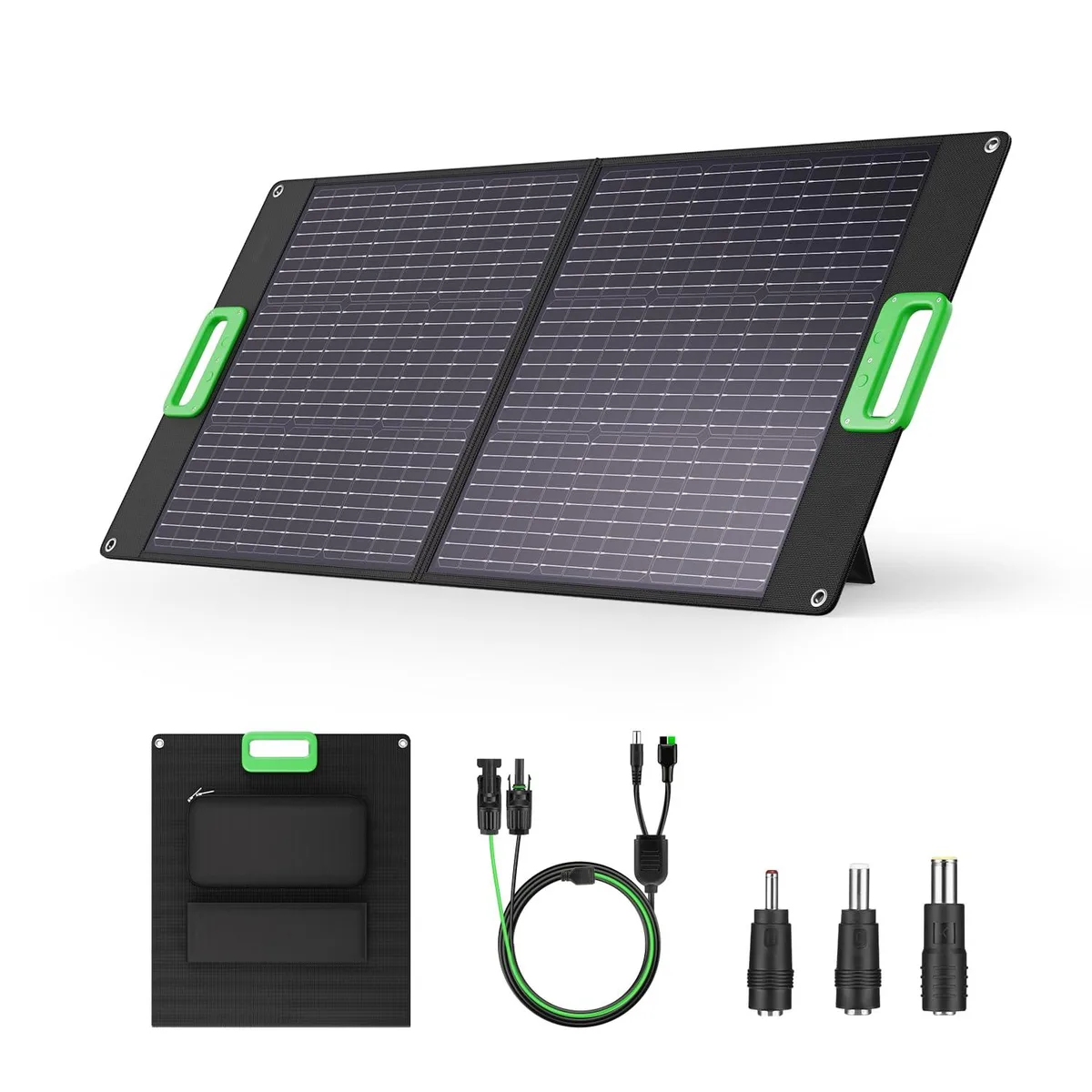 Foldable 100W solar panel briefcase with adjustable kickstands and zippered cable pouch