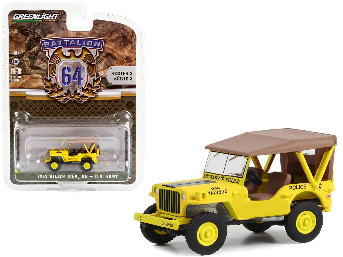 GREENLIGHT GREENLIGHT 1949 Willys Jeep MB U.S. Army 545th Military Police Camp Drake Yellow 1/64 Diecast — product photo