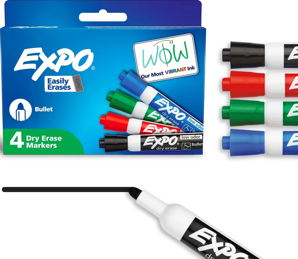 Four cylindrical plastic markers with bullet tips in black red blue and green