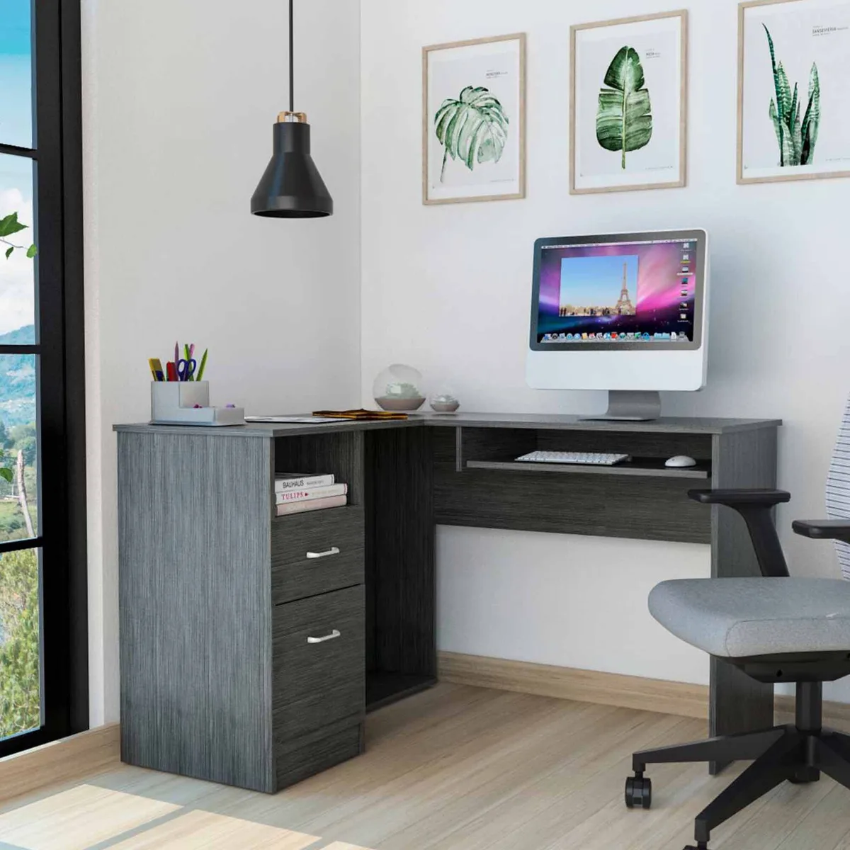 FM FURNITURE FM FURNITURE FM5703ELI L-shaped desk, 41.3" x 47.2", 2 drawers, CPU shelf — product photo