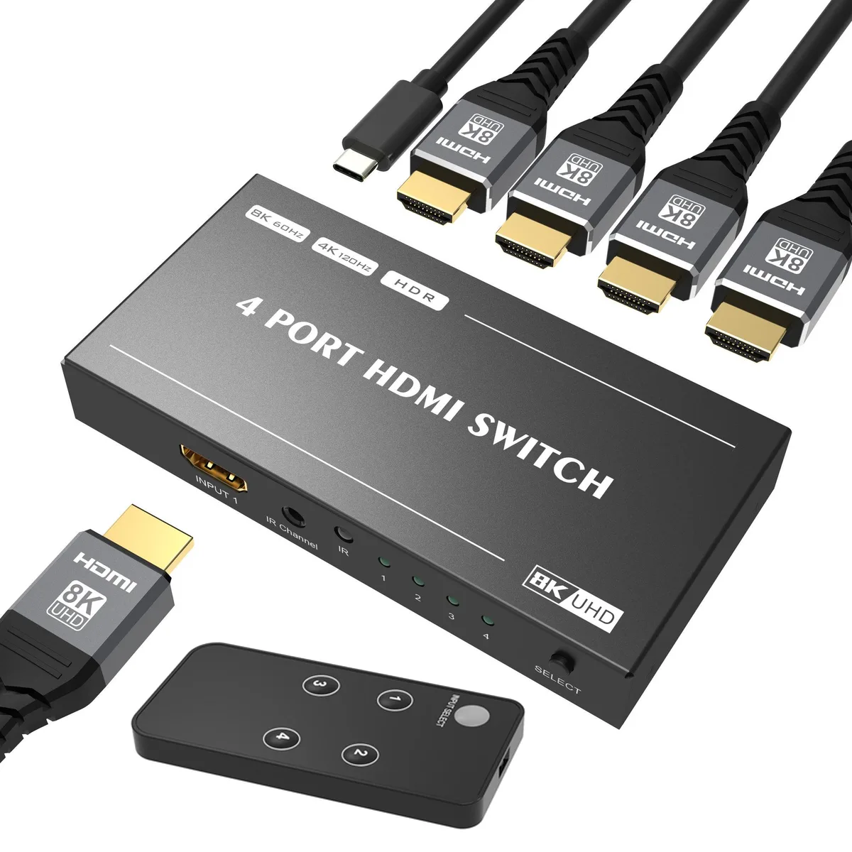 Jansicotek Jansicotek HDMI 2.1 Switch 4-in 1-out 8K@60Hz 4K@120Hz 1440P@165Hz 1080P@240Hz 48Gbps eARC Remote — product photo