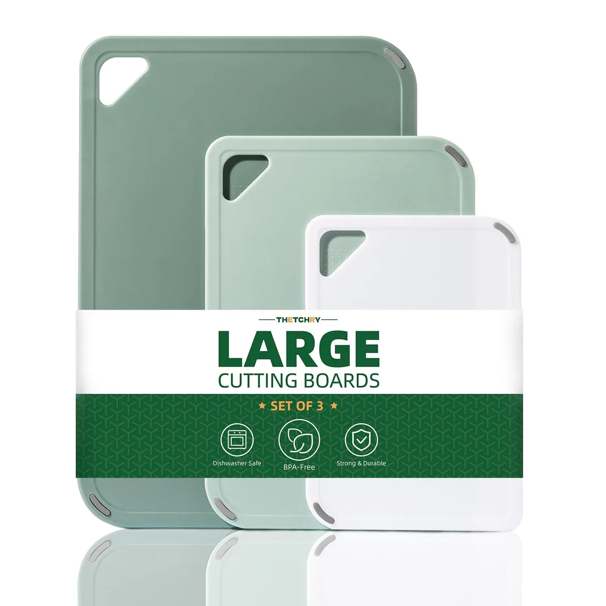 Green rectangular plastic cutting board with triangular handle, 14.33 by 9.84 by 0.6 inches